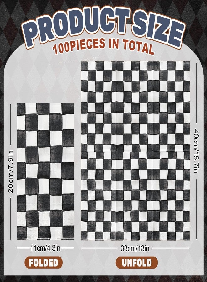 JarThenaAMCS مناديل جارثينا إيه إم سي إس، 100 قطعة، بنقشة مربعات سوداء وبيضاء، للاستخدام مرة واحدة، مناسبة للعشاء، ولتزيين الحمام، وأعياد الميلاد، وحفلات سباق السيارات، ولوازم المائدة. - Image 2